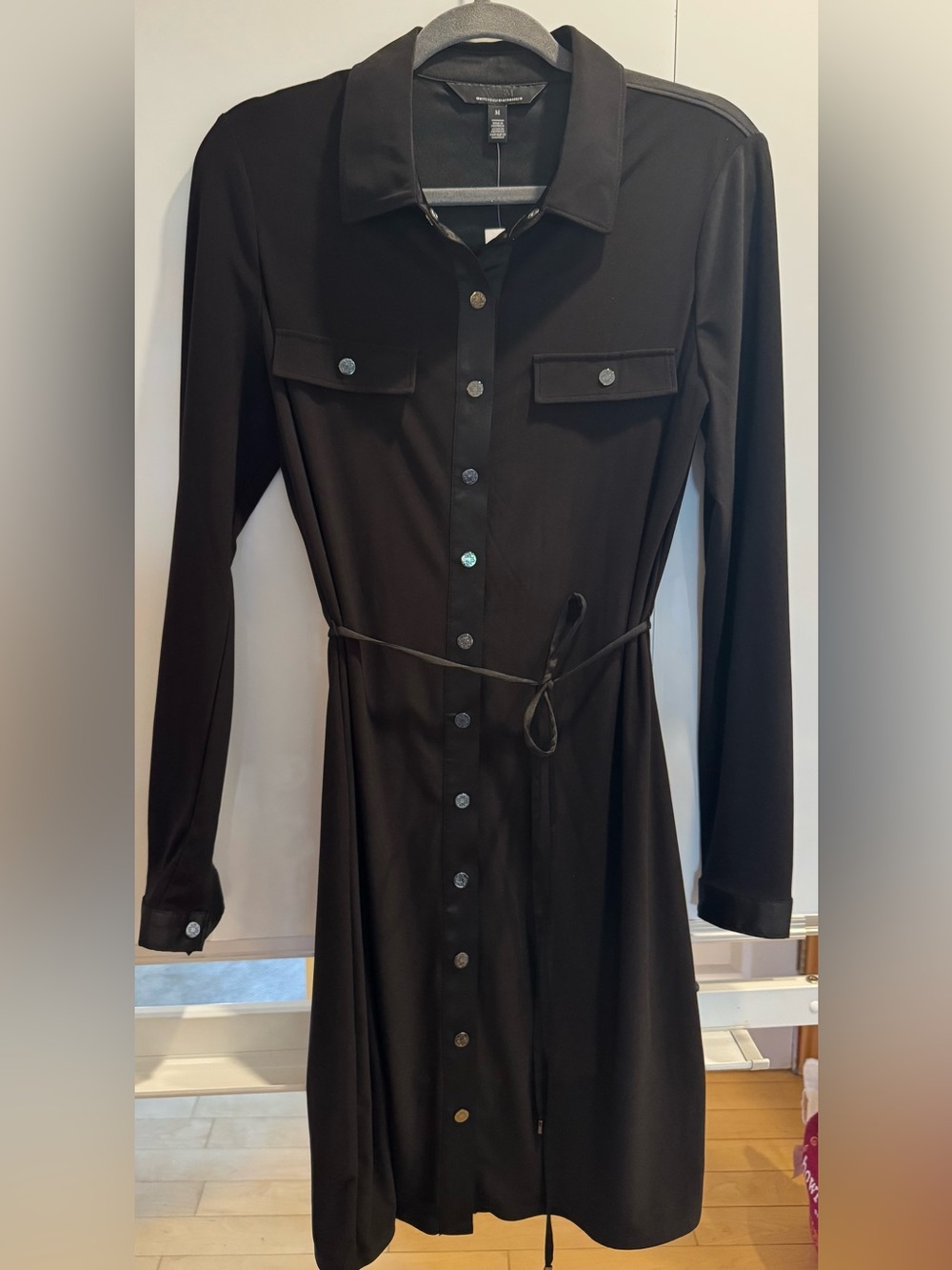 White House Black Market Black Long-Sleeve Shirt Dress with Tie